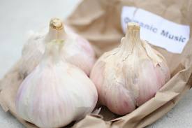 3 Garlic cloves on a brown paper bag with a white label that says organic